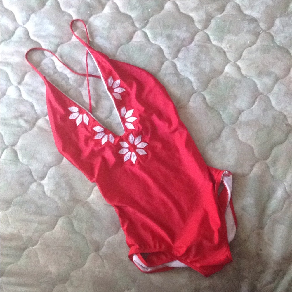Red embroidered bodysuit/ bathing suit